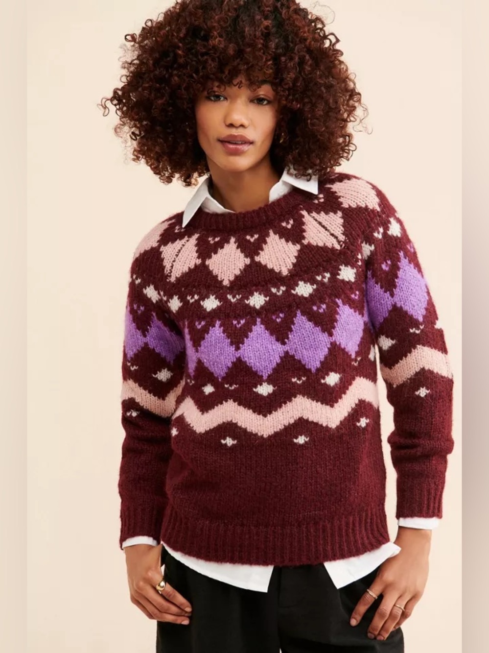 New Urban Outfitters Vero Moda Filipa Fair Isle Nordic Sweater burgundy purple